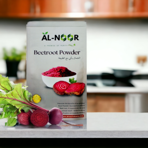 Al Noor Industries Beetroot Powder pouch with fresh beetroot slices and green leaves on a kitchen counter.