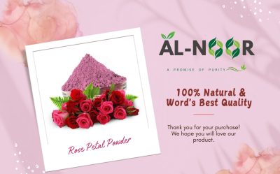 Thank you card for Al-Noor Rose Petal Powder with rose petals, purple powder, and 100% natural quality message