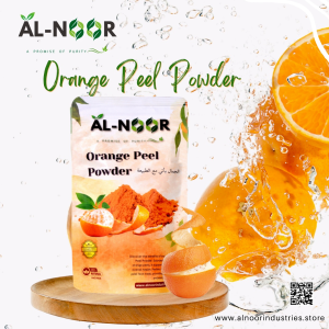 Al-Noor Orange Peel Powder pouch with fresh orange slices and peel on a wooden platform, surrounded by splashes of water.